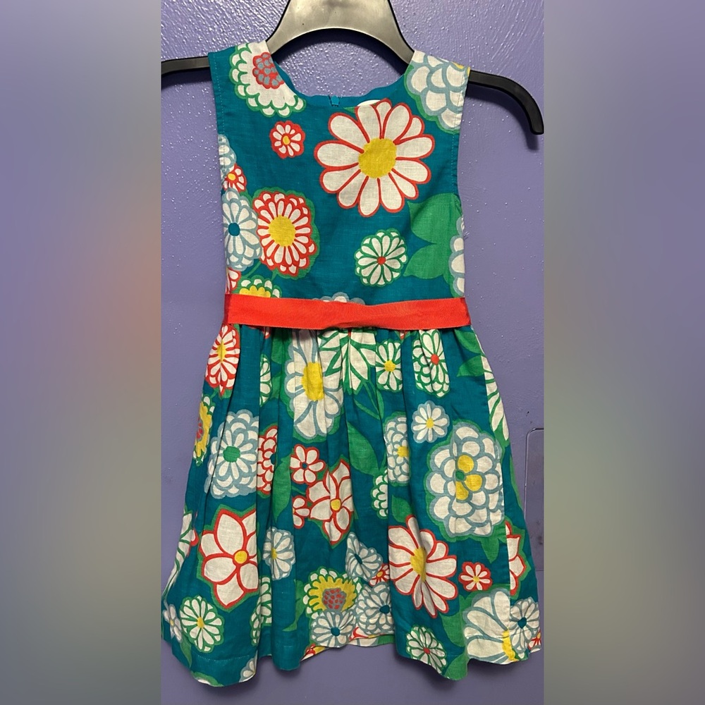Mini Boden Teal Floral Kids Dress with Red Belt